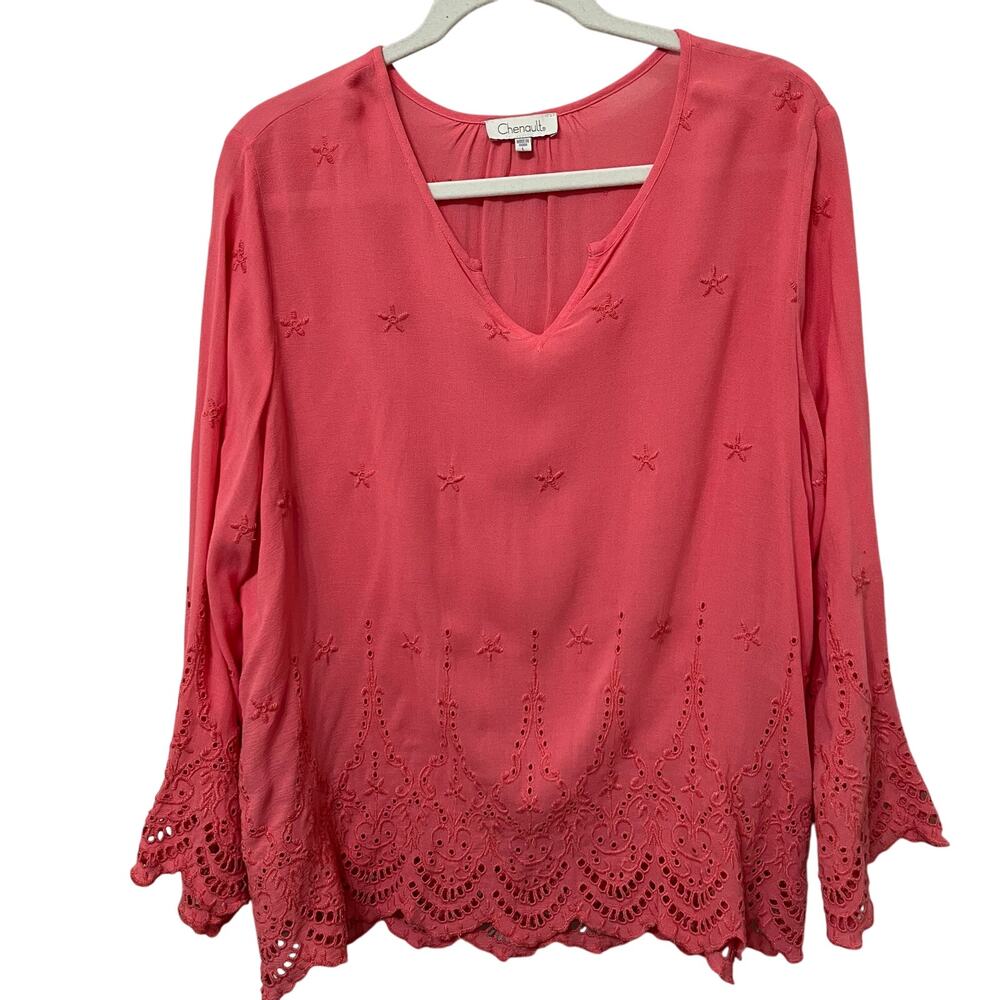 Chenault Women’s Blouse Sz Large Coral Pink Eyelet Lace Lightweight Beachy